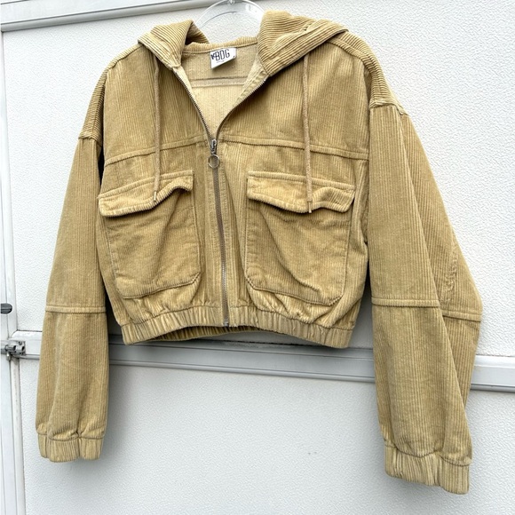 Urban Outfitters BDG Corduroy Jacket Pockets Hoodie Cropped Oversized Tan Sz XS - Picture 3 of 10